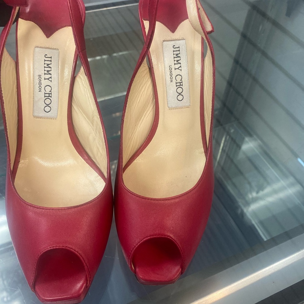 Jimmy Choo Red leather Peep Toe Heels, size 9, good condition